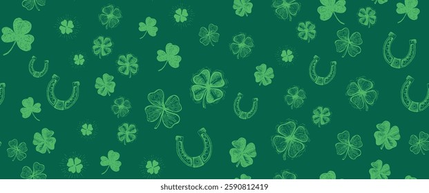 Patricks Day, clover pattern on green. Hand drawn illustrations	