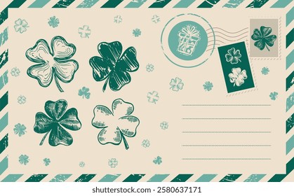 Patrick's day, Clover set. Postcard, mail, hand drawn illustration