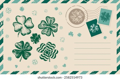 Patrick's day, Clover set. Postcard, mail, hand drawn illustration