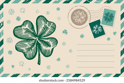 Patrick's day, Clover set. Postcard, mail, hand drawn illustration	