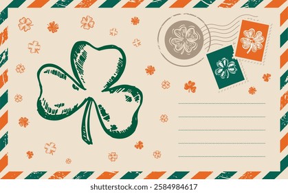 Patrick's day, Clover set. Postcard, mail, hand drawn illustration	