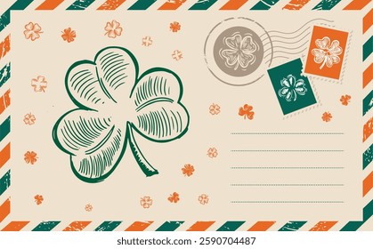 Patrick's day, Clover set. Postcard, mail, hand drawn illustration	