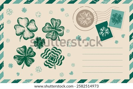 Patrick's day, Clover set. Postcard, mail, hand drawn illustration