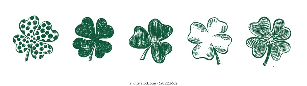 Patrick's day. Clover set. Vector illustration. Hand drawn style.	