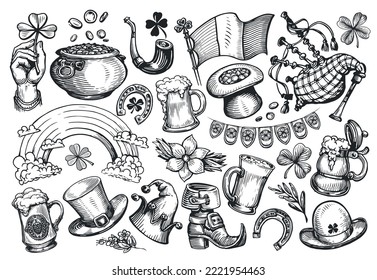 Patricks day concept. Irish holiday symbols set sketch. Collection vector illustrations drawn in vintage engraving style