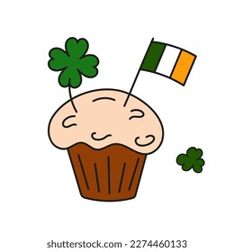 Patricks day cupcake vector isolated on white background. Symbol Doodle Irish Flag, clover. Holiday paraphernalia for sticker, cover, postcards, print, social media, icon.