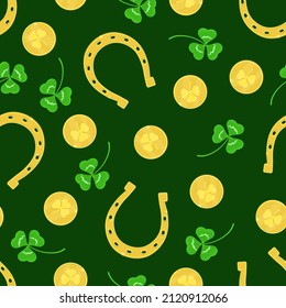 Patrick's day elements seamless pattern with golden horseshoe, coins and clover