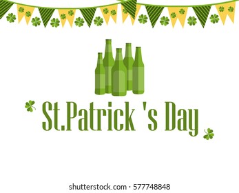 Patrick's day, festive background with garland, beer and clover. Vector illustration