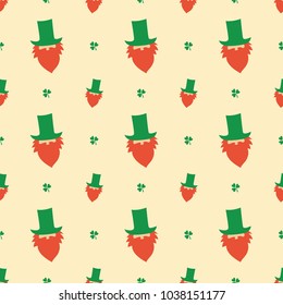 Patricks day funny pattern with cartoon faces. Irish vector texture with clover and leprechaun.