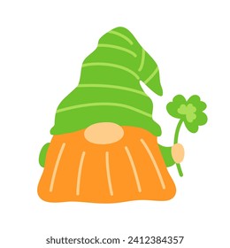 Patricks day gnome with shamrock clover leaf. Vector element design. Traditional Irish leprechaun gnome isolated on white background 