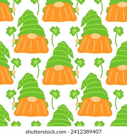 Patricks day gnome with shamrock clover leaf seamless pattern. Vector Patricks day carnival background. Traditional Irish festive hand drawn repeating ornament 