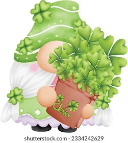 Gnome del Día de Patrick con champú. Día de Patrick con bolsa de leprechaun y hoja de trébol. Estilo de caricatura, ilustración vectorial 