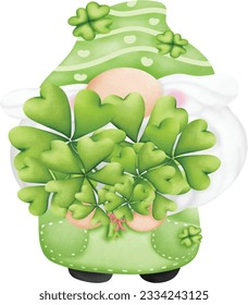 Gnome del Día de Patrick con champú. Día de Patrick con bolsa de leprechaun y hoja de trébol. Estilo de caricatura, ilustración vectorial 