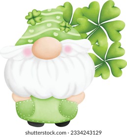 Gnome del Día de Patrick con champú. Día de Patrick con bolsa de leprechaun y hoja de trébol. Estilo de caricatura, ilustración vectorial 