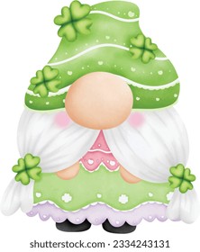 Gnome del Día de Patrick con champú. Día de Patrick con bolsa de leprechaun y hoja de trébol. Estilo de caricatura, ilustración vectorial 