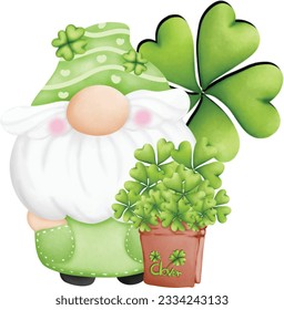 Patrick's Day Gnome with shamrock. Patrick's Day with leprechaun and cloverleaf bag. Cartoon style, vector illustration 