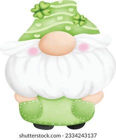 Gnome del Día de Patrick con champú. Día de Patrick con bolsa de leprechaun y hoja de trébol. Estilo de caricatura, ilustración vectorial 