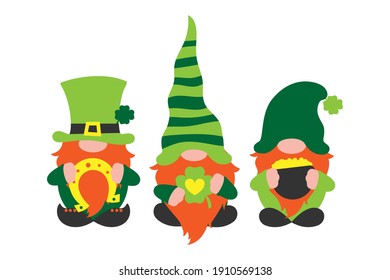 Patrick's Day Gnomes, St.Paddy Day greeting card, good luck from  , happy holiday illustration, vector gnomes in green hats with leaf of shamrock, pot of gold and horseshoe in hands, Patrick guys