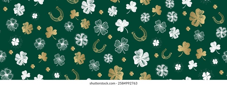 Patricks Day, gold clover pattern on green. Hand drawn illustrations	