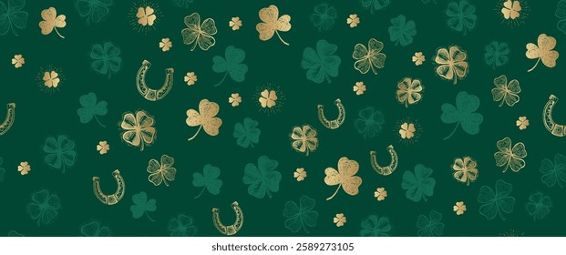 Patricks Day, gold clover pattern on green. Hand drawn illustrations	