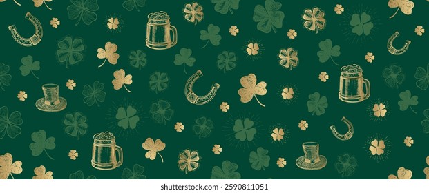 Patricks Day, gold clover pattern on green. Hand drawn illustrations	