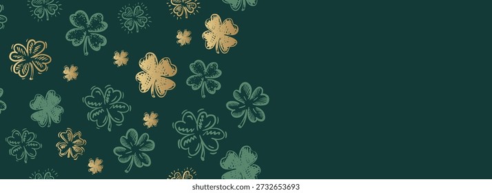 Patricks Day, Gold Clover pattern on green, hand drawn illustrations.