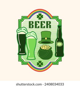 Patricks Día logotipo de cerveza verde con iconos de botella, gafas de cerveza. Marco vintage. Buena imagen de marca, decoración de paquetes de comida, diseño de portadas, estampados decorativos. Estilo sencillo y plano