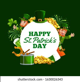 Patricks Day green shamrock, Leprechauns and gold frame. Irish holiday vector design. Flag of Ireland, lucky horseshoe and clover leaves, beer, golden coins and hat of Irish elf, drum, fireworks