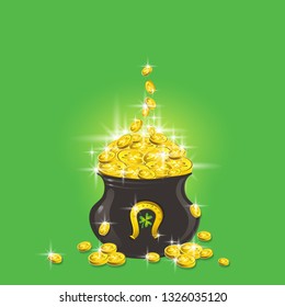 Patricks Day greetings card. Pot of gold. Patrick Day design with pot with golden coins. Can be 
used for holidays cards, web, scrap booking, vector illustration.