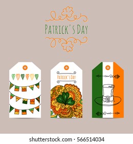 Patrick's Day hand drawn badges elements on light gray background. Vector
