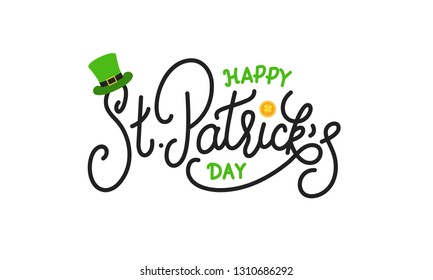 Patricks Day. Happy St. Patrick's Day vector lettering label with leprechaun hat and gold coin.