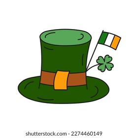 Patricks day hat vector illustration isolated on white background. Symbol Doodle Irish Flag, clover. Holiday paraphernalia for sticker, cover, postcards, print, social media, icon.