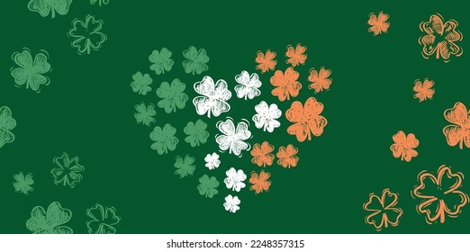 Patricks Day, heart, flying clover, hand drawn illustrations.