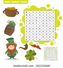 Patricks Day holiday themed word search puzzle - Answer included