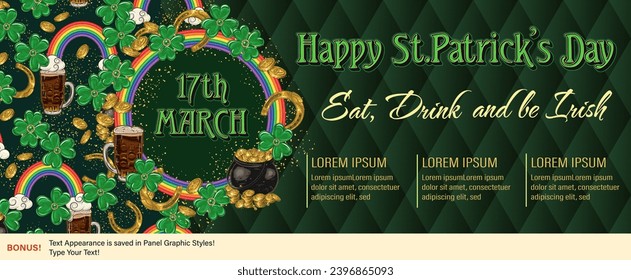 Patricks Day horizontal banner with pot with gold treasures, shamrock leaves, rainbow waves. Layout, template for advert of event with copy space. Header for social media, web sites.