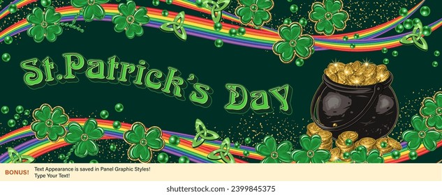 Patricks Day horizontal banner with pot with gold treasures, shamrock leaves, rainbow waves. Layout, template for advert of event with copy space. Header for social media, web sites.