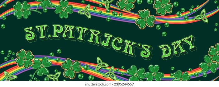 Patricks Day horizontal banner with scattered shamrock leaves, green beads, rainbow waves. Layout, template for advert of event with copy space. Header for social media, web sites.