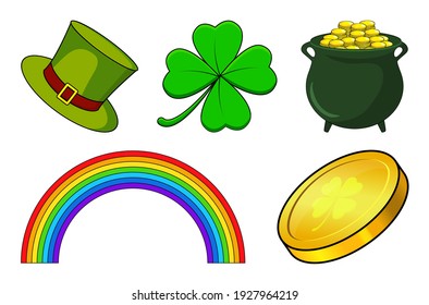 Patricks day icon set. Vector holiday collection for irish celebration. Cartoon illustration isolated on white. Contains four leaf clover, rainbow, cauldron with coins and green hat.