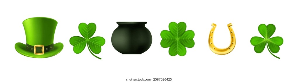 Patricks Day icons set. Leprechaun Top Hat with Shamrocks and Gold Coins. Black cauldron with golden money, clover leaves and horseshoe. Vector illustration.