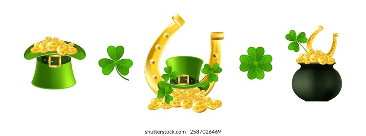 Patricks Day icons set. Leprechaun Top Hat with Shamrocks and Gold Coins. Black cauldron with golden money, clover leaves and horseshoe. Vector illustration.