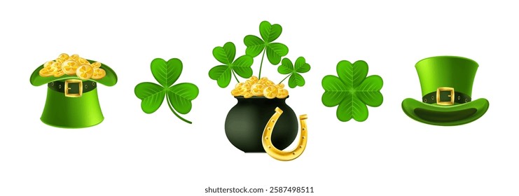 Patricks Day icons set. Leprechaun Top Hat with Shamrocks and Gold Coins. Black cauldron with golden money, clover leaves and horseshoe. Vector illustration.