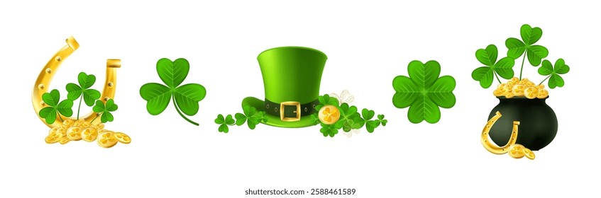 Patricks Day icons set. Leprechaun Top Hat with Shamrocks and Gold Coins. Black cauldron with golden money, clover leaves and horseshoe. Vector illustration.