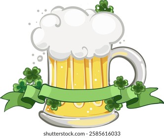 patrick's day illustration, beer mug, banner and clover. Happy St.Patrick s Day with shamrock clover leaf. Irish bar design
