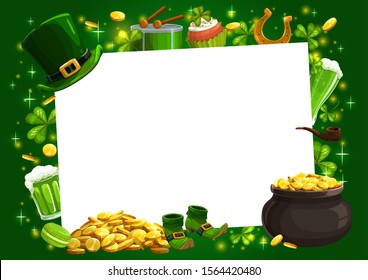 Patricks Day Irish holiday shamrock, leprechaun gold and hat vector frame. Lucky clover leaves and horseshoe, golden coins pot, green beer, celtic elf shoes and smoking pipe