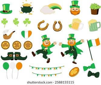 Patrick's Day leprechaun cartoon with green hat, beer, gold coins, clover, and Irish flags celebrating the lucky holiday!