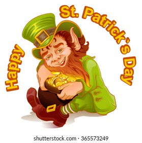 Patricks Day. Leprechaun and gold. Isolated on white illustration