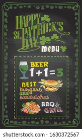 Patrick's Day menu chalkboard template with green beer, burger and grilled salmon fish
