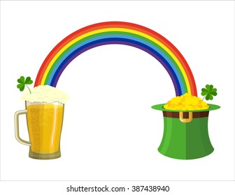 Patricks Day. Mug of beer and rainbow. Gold leprechaun hat. pile of gold coins in green cap dwarf. Fairy rainbows and pint of ale with foam.