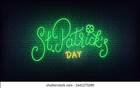 Patrick's Day neon. Happy Saint Patrick's day lettering glowing green sign. St. Patricks Day Irish holiday