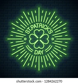 Patricks day neon logo. Patricks shamrock clover neon sign on wall background